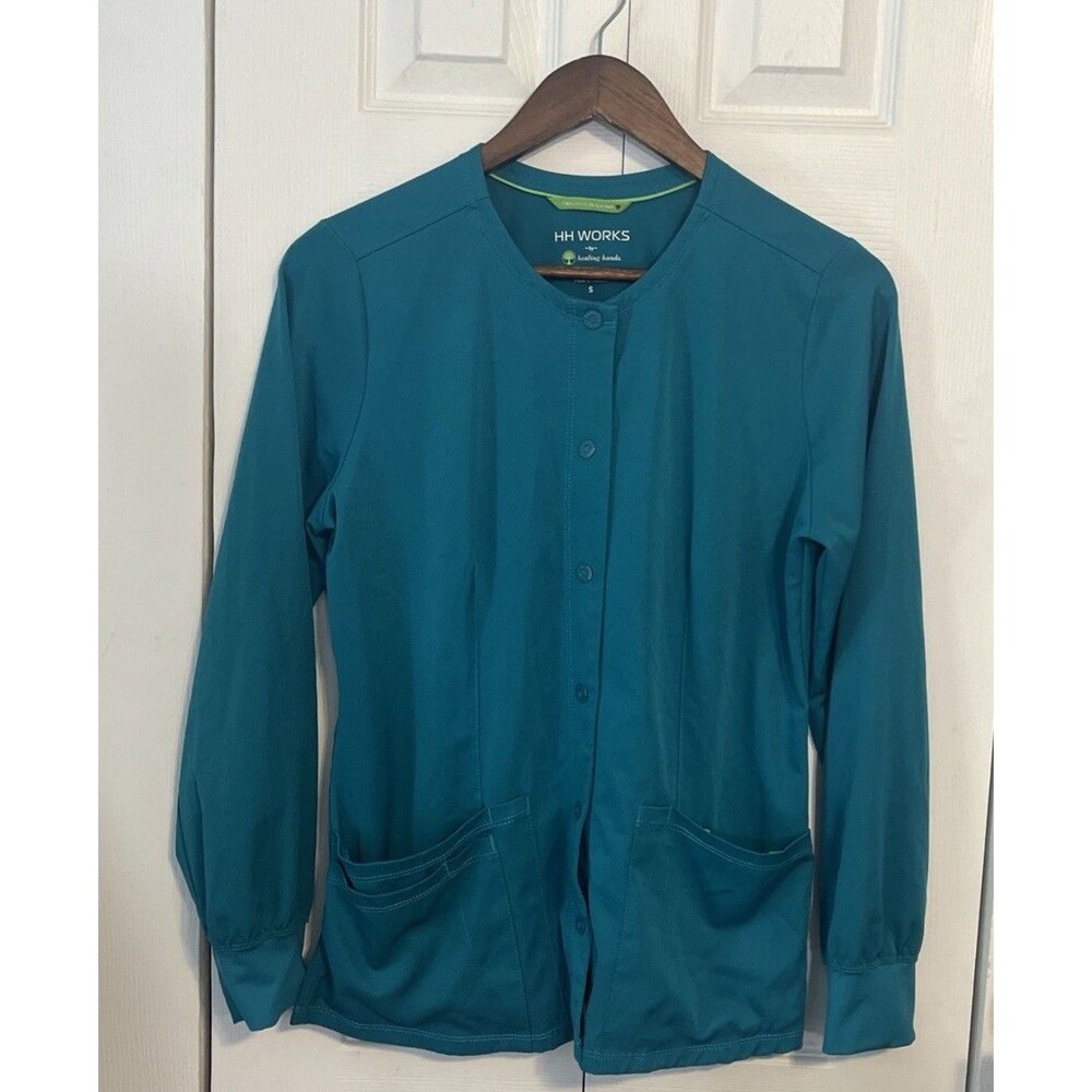 HH Works Healing Hands Scrub Jacket Teal Stretch Button Front Women’s Size S